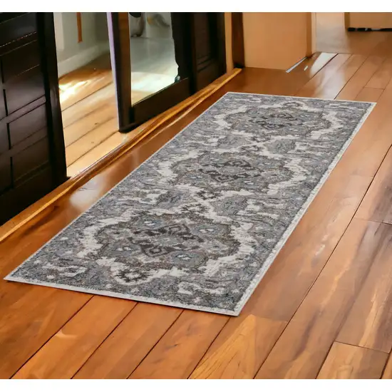 Gray and Beige Medallion Power Loom Runner Rug Photo 1