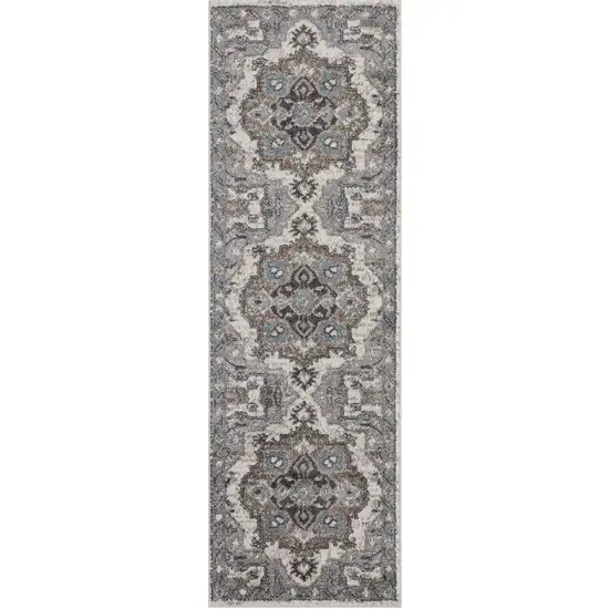 Gray and Beige Medallion Power Loom Runner Rug Photo 2