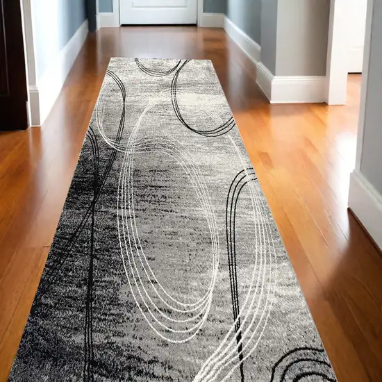 Gray and Black Abstract Shag Power Loom Runner Rug Photo 1