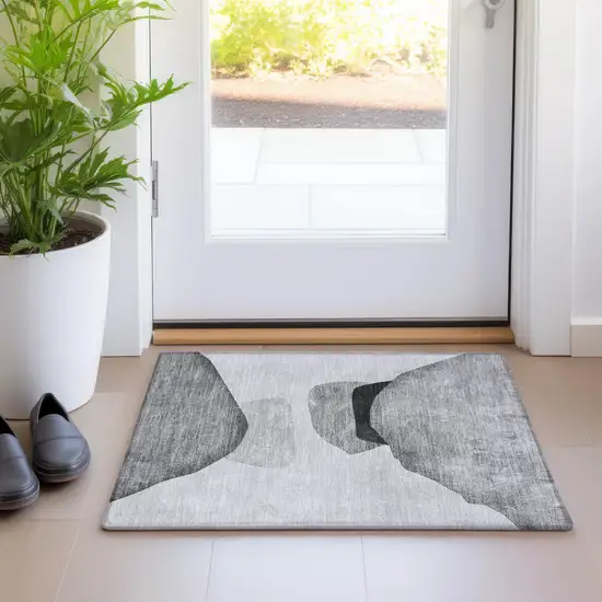 Gray and Black Abstract Washable Non Skid Indoor Outdoor Area Rug Photo 9