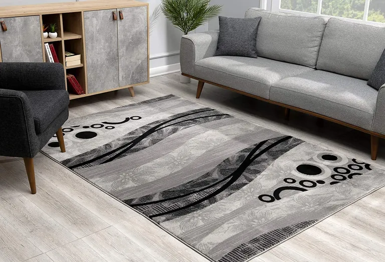 Gray and Black Abstract Waves Runner Rug Photo 4