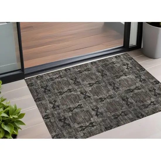 Gray and Black Floral Medallion Washable Non Skid Indoor Outdoor Area Rug Photo 1