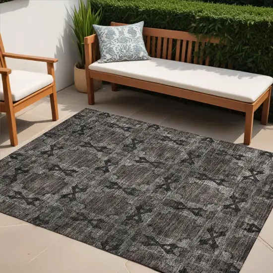 Gray and Black Floral Medallion Washable Non Skid Indoor Outdoor Area Rug Photo 1