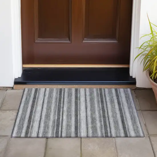 Gray and Black Striped Washable Indoor Outdoor Area Rug Photo 6