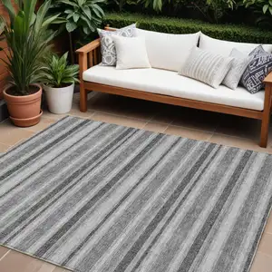 Photo of Gray and Black Striped Washable Non Skid Indoor Outdoor Area Rug