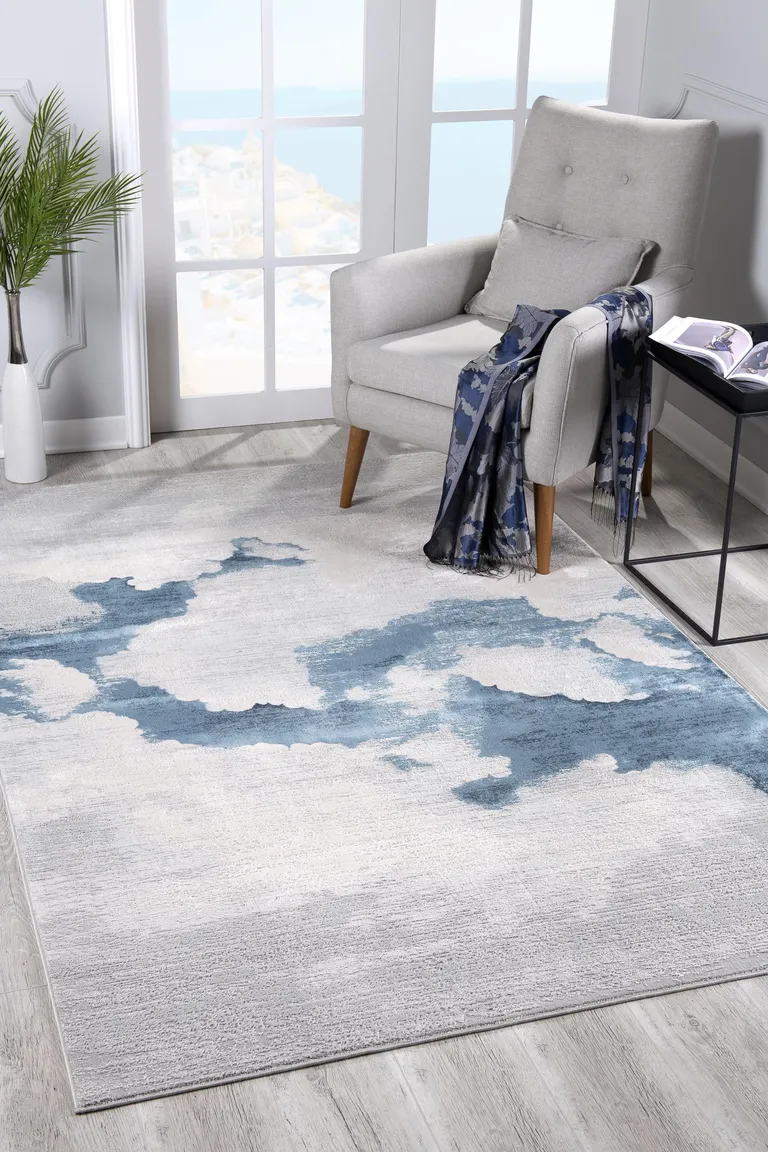 Gray and Blue Abstract Clouds Area Rug Photo 2