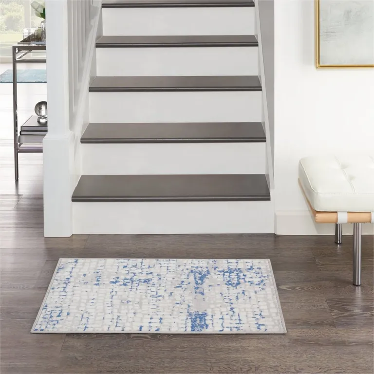 Gray and Blue Abstract Grids Area Rug Photo 5