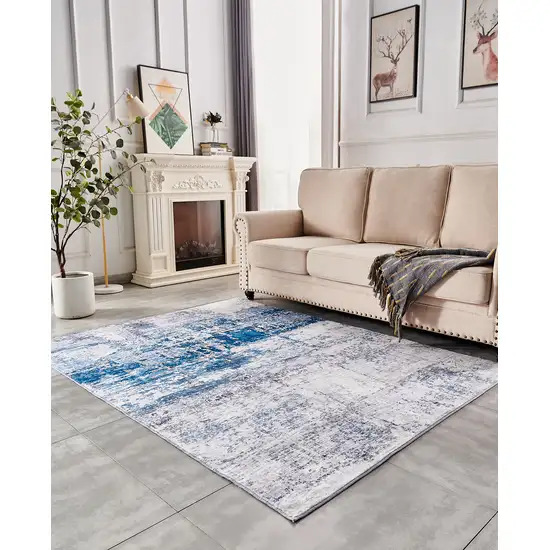 Gray and Blue Abstract Shag Printed Washable Non Skid Area Rug Photo 9