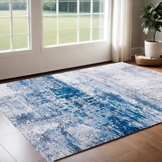 Gray and Blue Abstract Shag Printed Washable Non Skid Area Rug Photo 2