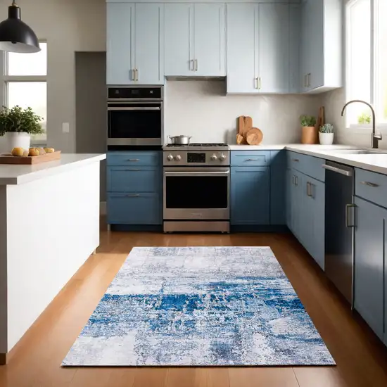 Gray and Blue Abstract Shag Printed Washable Non Skid Area Rug Photo 2