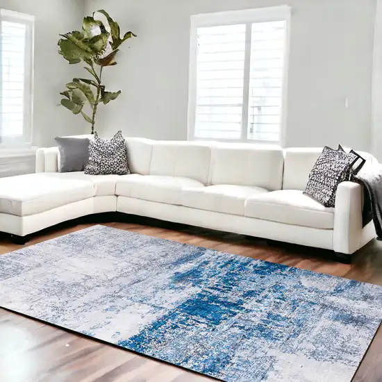 Gray and Blue Abstract Shag Printed Washable Non Skid Area Rug Photo 1