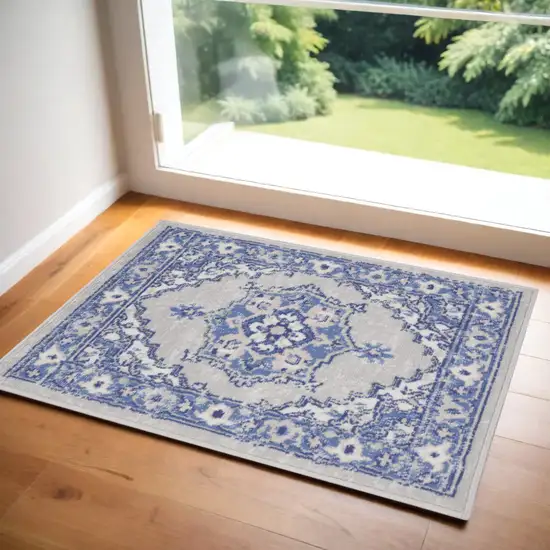 Gray and Blue Floral Area Rug Photo 1