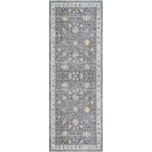 Photo of Gray and Blue Floral Distressed Runner Rug