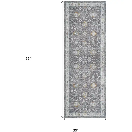 Gray and Blue Floral Distressed Runner Rug Photo 3