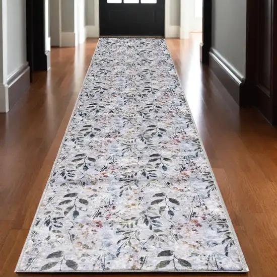 Gray and Blue Floral Power Loom Washable Non Skid Runner Rug Photo 1