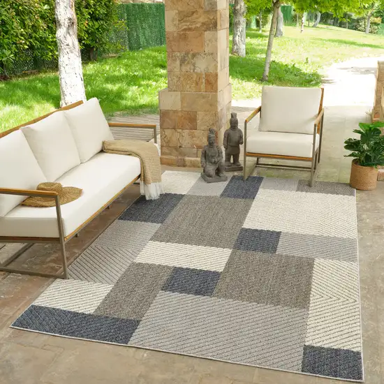 Gray and Blue Geometric Distressed Indoor Outdoor Area Rug Photo 6