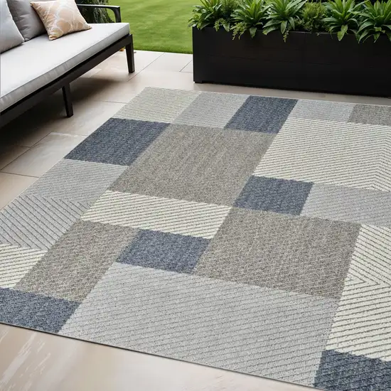 Gray and Blue Geometric Distressed Indoor Outdoor Area Rug Photo 1