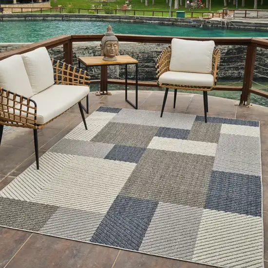 Gray and Blue Geometric Distressed Indoor Outdoor Area Rug Photo 7