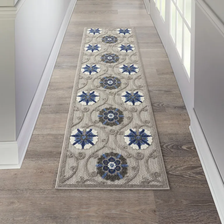 Gray and Blue Indoor Outdoor Runner Rug Photo 2