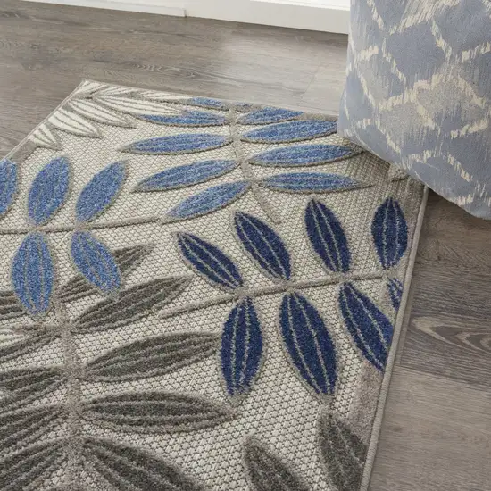 Gray and Blue Leaves Indoor Outdoor Area Rug Photo 6