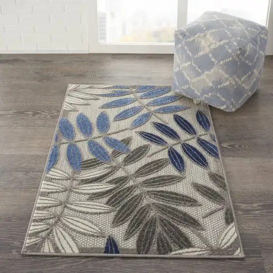 Gray and Blue Leaves Indoor Outdoor Area Rug Photo 5