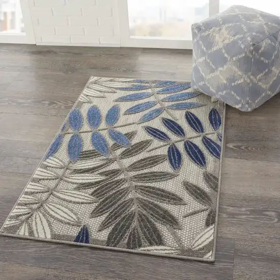 Gray and Blue Leaves Indoor Outdoor Area Rug Photo 7