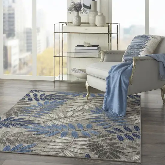 Gray and Blue Leaves Indoor Outdoor Area Rug Photo 7