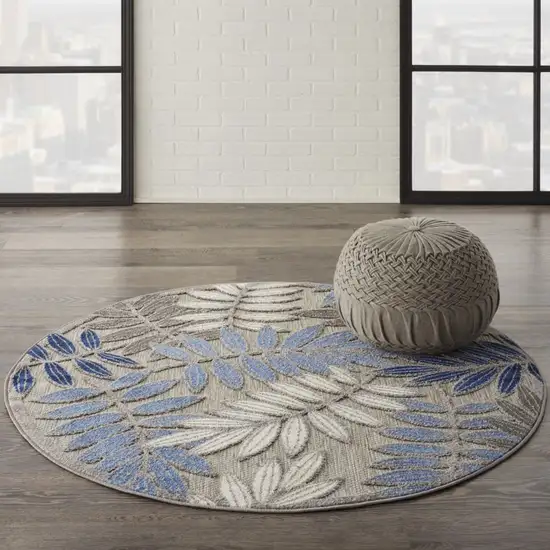 Gray and Blue Leaves Indoor Outdoor Area Rug Photo 6