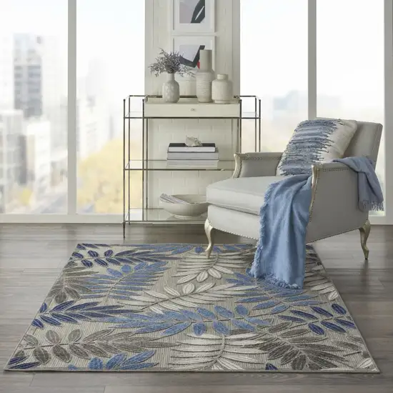 Gray and Blue Leaves Indoor Outdoor Area Rug Photo 5