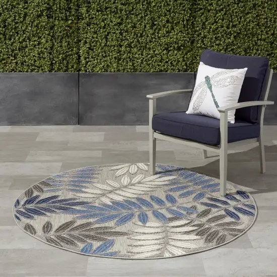 Gray and Blue Leaves Indoor Outdoor Area Rug Photo 6