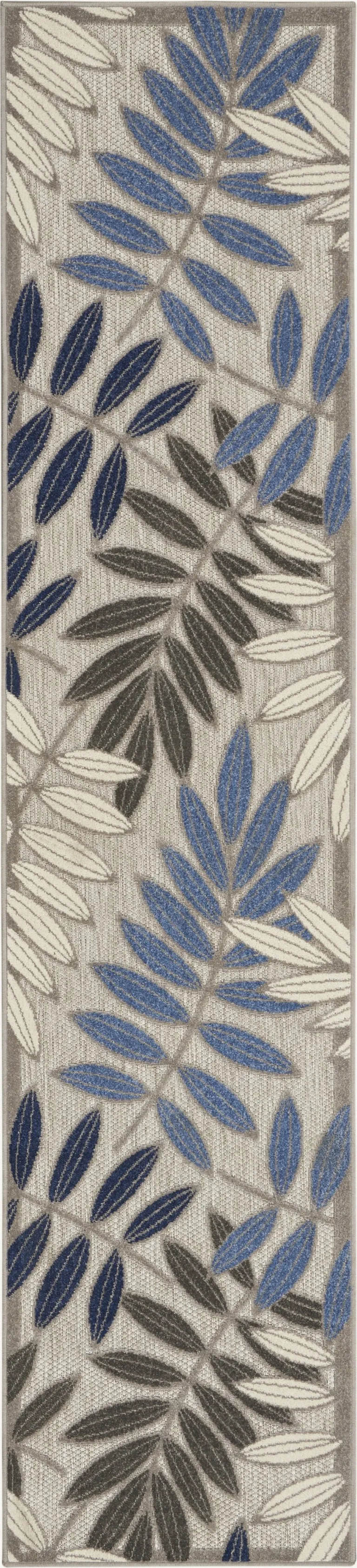 Gray and Blue Leaves Indoor Outdoor Runner Rug Photo 1