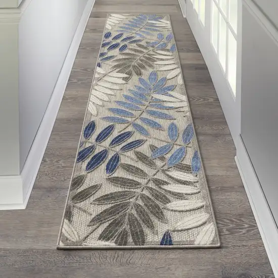 Gray and Blue Leaves Indoor Outdoor Runner Rug Photo 6