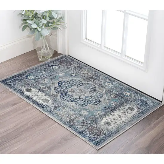 Gray and Blue Medallion Power Loom Area Rug Photo 1