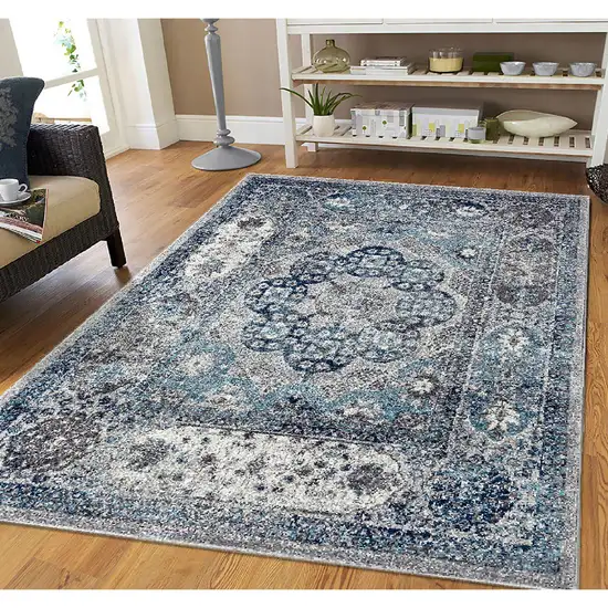 Gray and Blue Medallion Power Loom Area Rug Photo 4