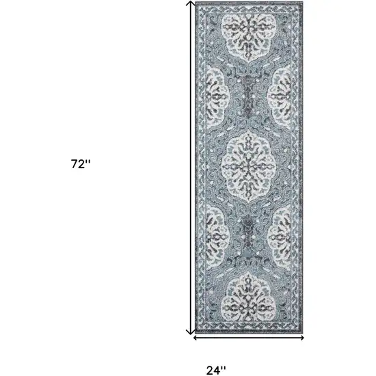 Gray and Blue Medallion Power Loom Runner Rug Photo 5