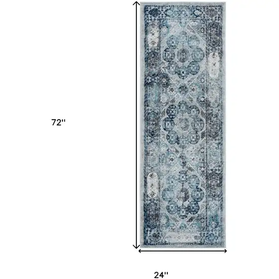 Gray and Blue Medallion Power Loom Runner Rug Photo 5