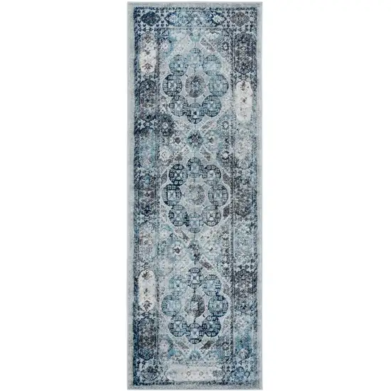 Gray and Blue Medallion Power Loom Runner Rug Photo 1