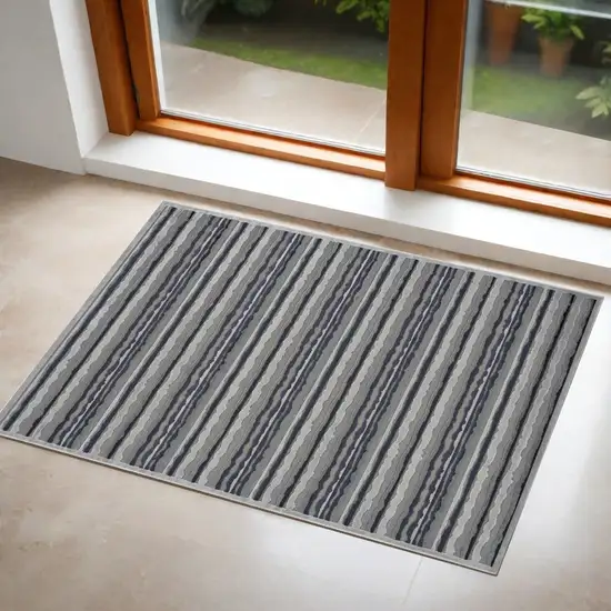 Gray and Blue Striped Power Loom Area Rug Photo 1