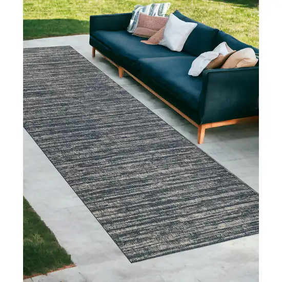 Gray and Blue Striped Stain Resistant Indoor Outdoor Runner Rug Photo 1