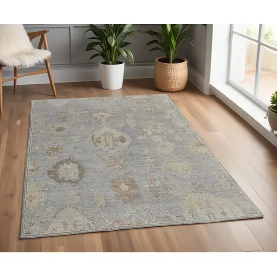 Gray and Blue Wool Floral Hand Knotted Area Rug Photo 1