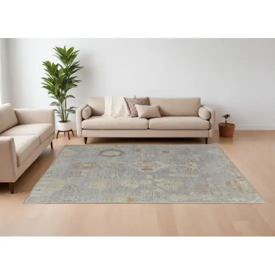 Gray and Blue Wool Floral Hand Knotted Area Rug Photo 1