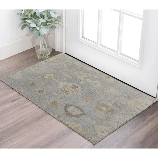 Gray and Blue Wool Floral Hand Knotted Area Rug Photo 1