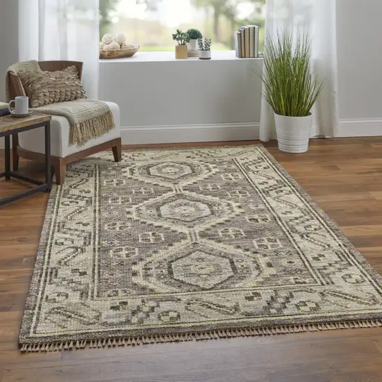 Gray and Brown Wool Geometric Hand Knotted Area Rug With Fringe Photo 7