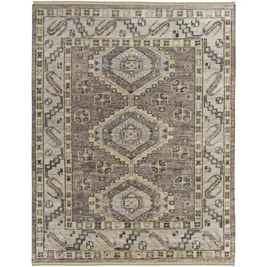 Gray and Brown Wool Geometric Hand Knotted Area Rug With Fringe Photo 4