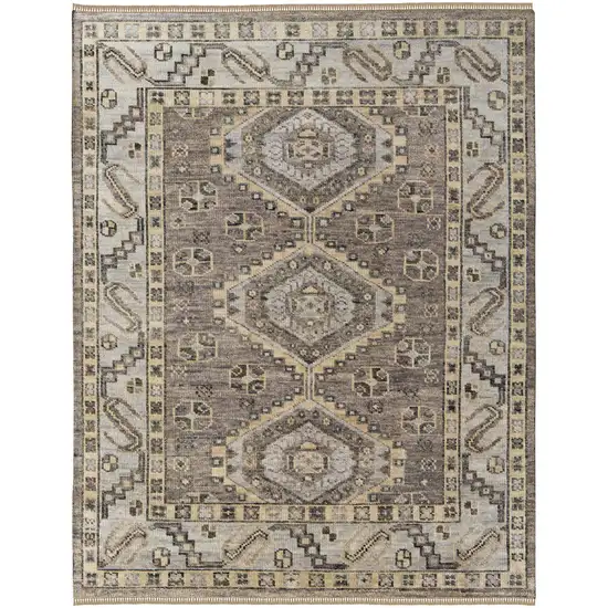 Gray and Brown Wool Geometric Hand Knotted Area Rug With Fringe Photo 5