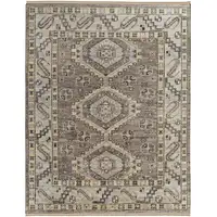 Photo of Gray and Brown Wool Geometric Hand Knotted Area Rug With Fringe