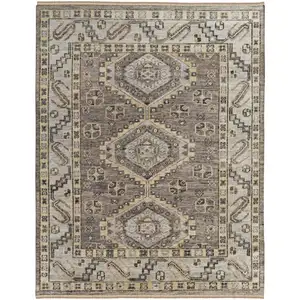 Photo of Gray and Brown Wool Geometric Hand Knotted Area Rug With Fringe