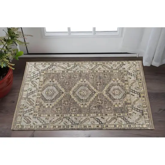 Gray and Brown Wool Geometric Hand Knotted Area Rug With Fringe Photo 1