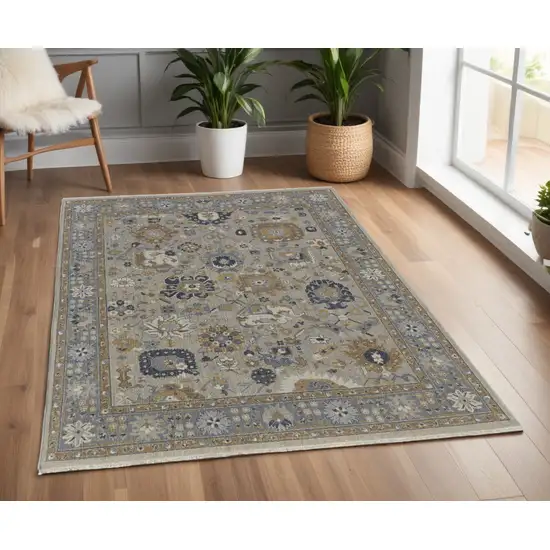 Gray and Brown Wool Oriental Hand Knotted Area Rug With Fringe Photo 1