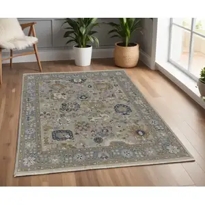 Photo of Gray and Brown Wool Oriental Hand Knotted Area Rug With Fringe